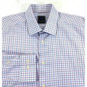David Donahue Men's Button Front Cotton Blue Purple Check Dress Shirt 17 36/37